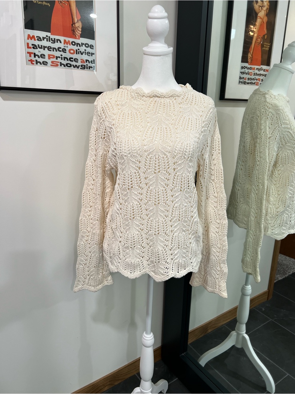 Coastal Boho Cream Crochet Women’s Sweater, Bell Sleeves Made in USA Sz M